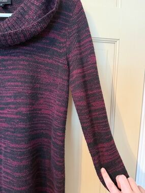 AB Studio Charcoal and Berry Striped Cowl Neck Sweater